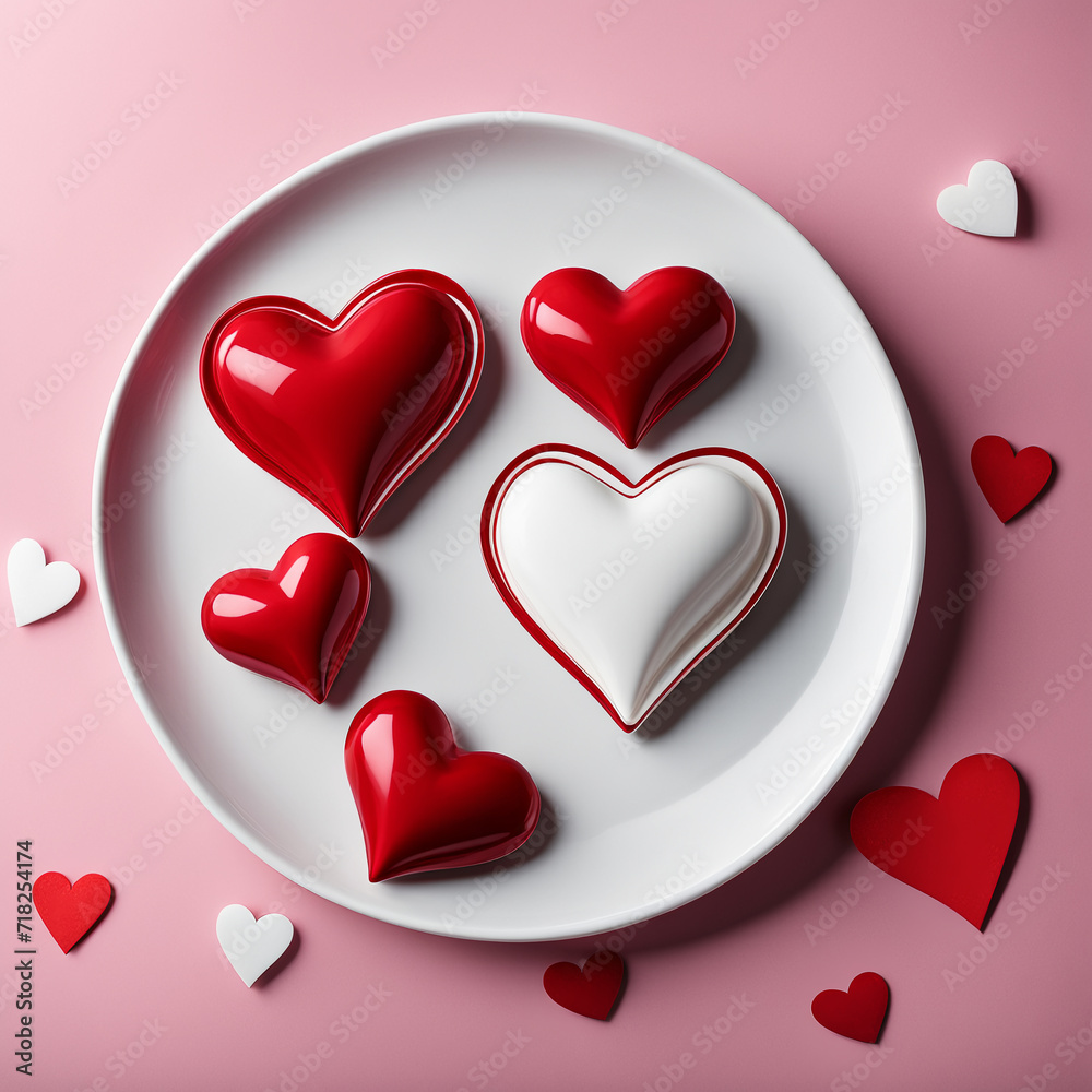 Red decorative hearts in a white plate.