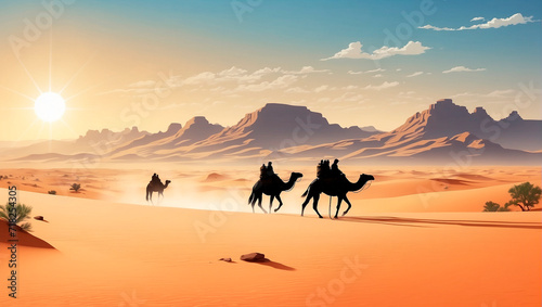camels in the desert against the backdrop of sunset