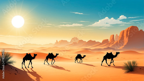 camels in the desert against the backdrop of sunset