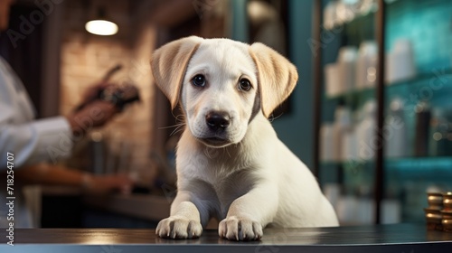 A Labrador puppy sits in an office at a veterinary clinic. Treatment and care of animals.