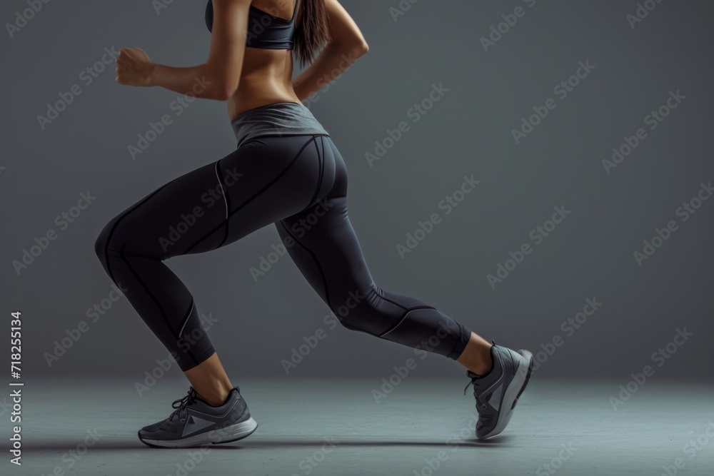 Fit Woman Flexes Her Legs During Lunge Workout On Gray Background. Сoncept Fitness Inspiration, Leg Workout, Lunge Exercise, Strong And Fit, Gray Background