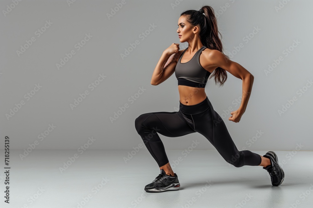 Obraz premium Fit Woman Flexes Her Legs During Lunge Workout On Gray Background. Сoncept Fitness Photography, Leg Workout, Lunge Exercise, Strong Woman, Gray Background