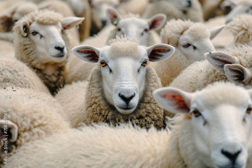 Gathering Of Sheep Huddled Together In Close Proximity. Сoncept Sheep Flock, Huddling Together, Group Dynamics, Animal Behavior Gathering Of Sheep Huddled Together In Close Proximity. Сoncept Sheep Flock, Huddling Together, Group Dynamics, Animal Behavior