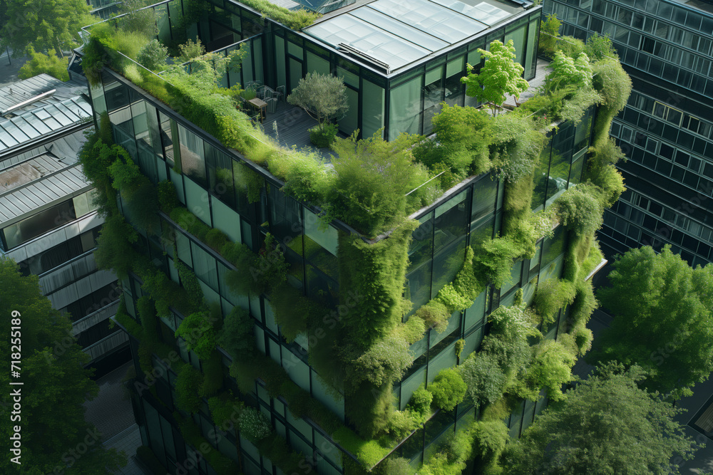 Fototapeta premium Green Oasis Amidst Urban Sprawl Sustainable Glass Office Building. Сoncept Nature-Inspired Architecture, Green Building Design, Sustainable Materials, Urban Sustainability, Glass Office Building