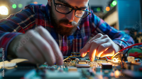 Electrical Engineer, An electrical engineer working on circuit boards and electrical systems in a technical lab environment