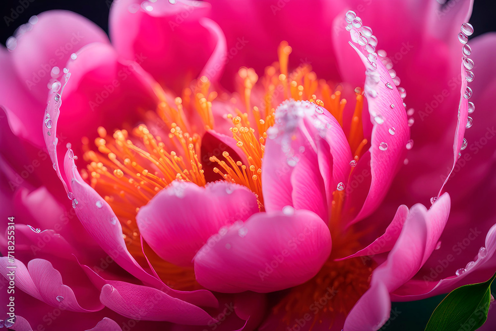 Spring flowers of pink peony or peony rose macro with drops of water on the petals.