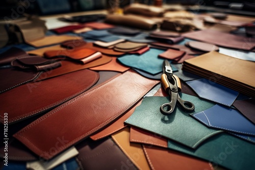 
Leather craft or leather working. Selected pieces of beautifully colored or tanned leather on leather craftman's work desk  photo