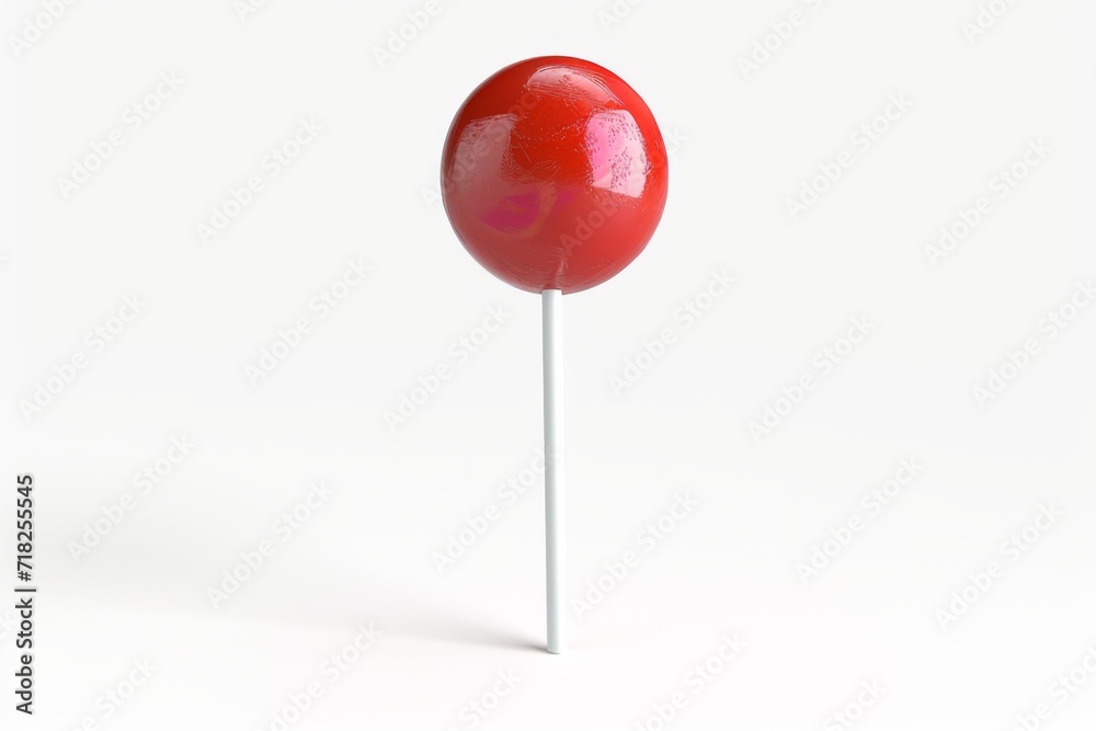 Vibrant Red Lollipop On White Stick, Isolated In 3D Rendering. Сoncept Candy-Themed Photoshoot, 3D Rendered Props, Pop Of Red, Whimsical Isolation