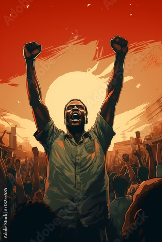 a multicolored illustration, a african person raising a closed fist during a protest, facing law enforcement, black history © cristian