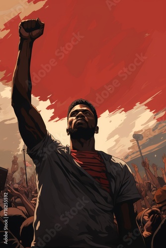 a multicolored illustration, a african person raising a closed fist during a protest, facing law enforcement, black history