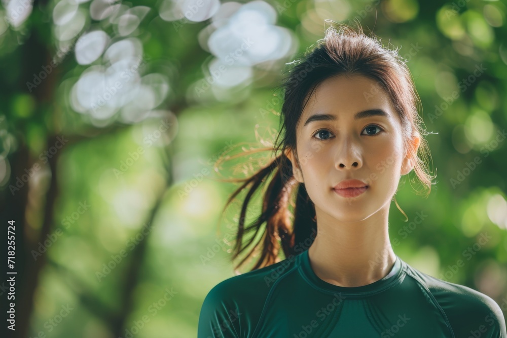 Active Asian Woman In Green Sportswear Prepares For Healthy Run In Park. Сoncept Morning Yoga Routine, Healthy Meal Prep, Nature Walk, Meditation Practice Active Asian Woman In Green Sportswear Prepares For Healthy Run In Park. Сoncept Morning Yoga Routine, Healthy Meal Prep, Nature Walk, Meditation Practice