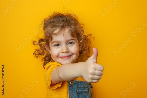 Adorable Childs Approval Expressed With An Enthusiastic Thumbsup, Vibrant Yellow Backdrop. Сoncept Pet Portraits, Natural Landscape, Candid Moments, Creative Lighting, Urban Fashion Shoot