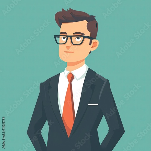 Flat illustration of a businessman in formal attire, sporting a navy blue suit, as a design element with a business theme