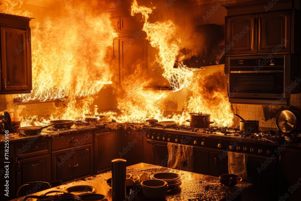 An Intense Blaze Ravages Kitchen, Escalating Into Dangerous Residential Fire. Сoncept Kitchen Fire, Residential Fire, Blaze, Dangerous Situation