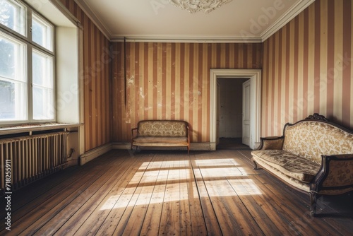 An Unoccupied Vintage Living Room With Oak Flooring And Striped Wallpaper.   oncept Vintage Living Room  Oak Flooring  Striped Wallpaper  Unoccupied Space