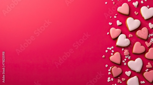 Valentine's Day decorated flatlay background for text with heart cookies and candy © Andrea