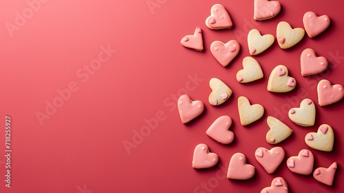 Valentine's Day decorated flatlay background for text with heart cookies and candy