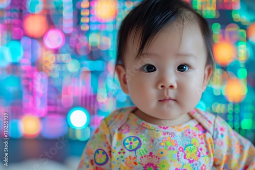 Asian Baby In Colorful Clothes Poses Against Vibrant Background  Inspired By Modern Technology.   oncept Tech-Inspired Baby Photoshoot  Asian Infant In Vibrant Attire  Colorful Props And Background