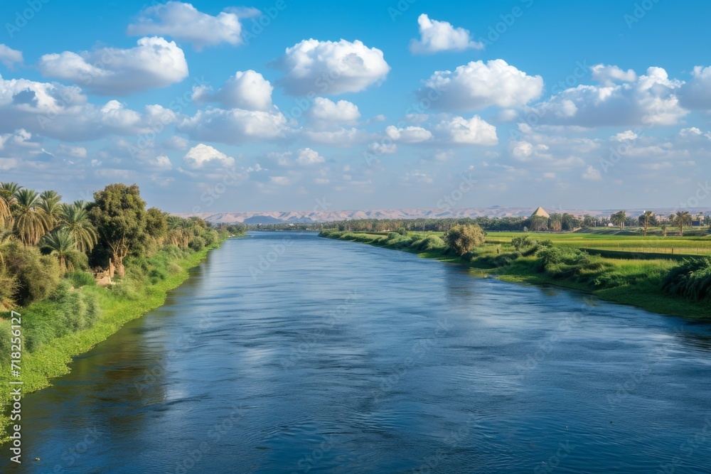 Beautiful Scenery Of The Nile On The Way To The Pyramids. Сoncept Nile River, Pyramids, Scenic Landscape, Egyptian Architecture Beautiful Scenery Of The Nile On The Way To The Pyramids. Сoncept Nile River, Pyramids, Scenic Landscape, Egyptian Architecture