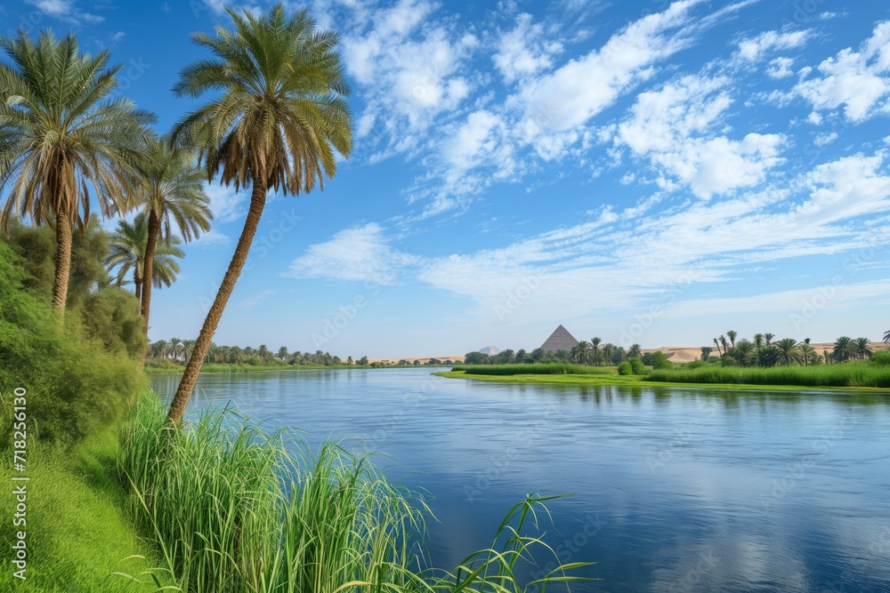 Beautiful Scenery Of The Nile On The Way To The Pyramids. Сoncept Nature Photography, Egyptian Landscapes, Nile River Views, Pyramids In The Background