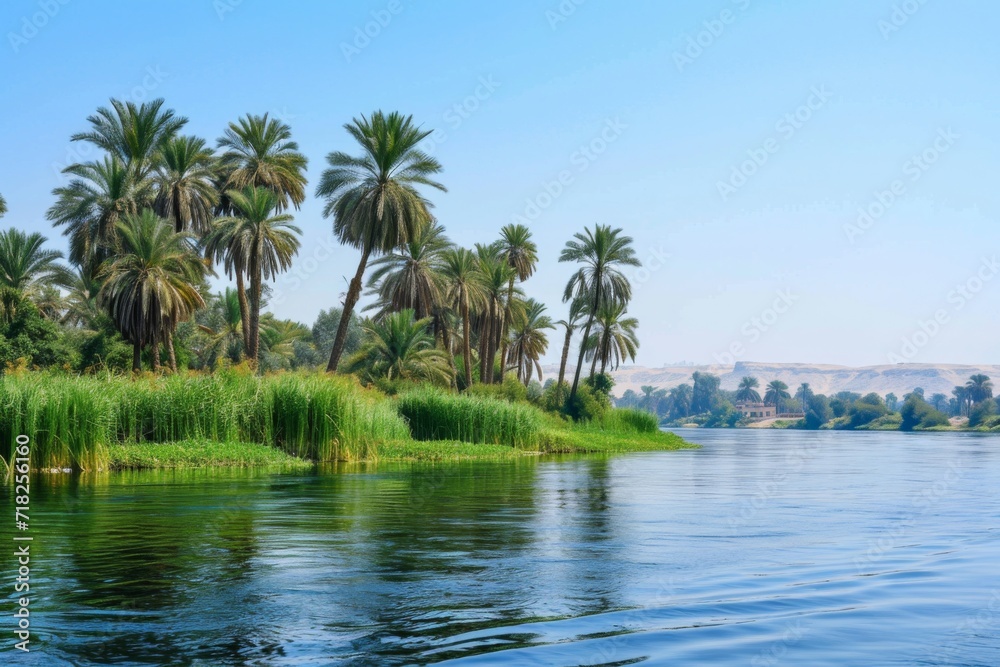 Beautiful Scenery Of The Nile On The Way To The Pyramids. Сoncept Sunset Over The Ocean, Majestic Mountain Range, Serene Forest Retreat, Vibrant Cityscape At Night
