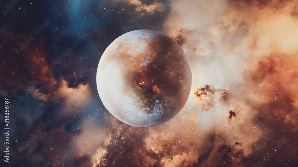 Full disk of Pluto the planet from space on a cosmic background. astronomy and science fiction