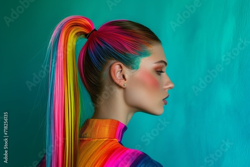 Beauty And Fashion Model Flaunting Vibrantly Dyed Ponytail. Сoncept Glamorous Makeup Look, Trendy Street Style, Elegant Evening Gown, Bold Accessory Choices © Anastasiia