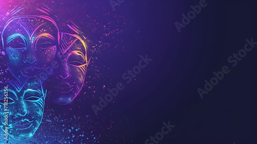 Abstract Neon Masks on a Purple Background Copy Space
