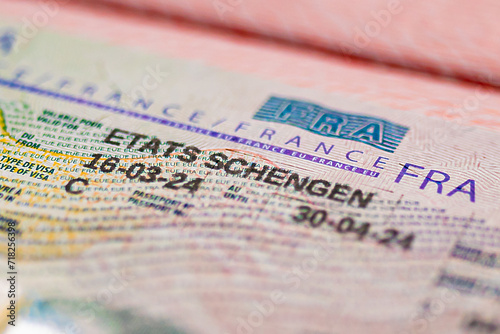 Close up Schengen visa of France in the passport. closed border of EC