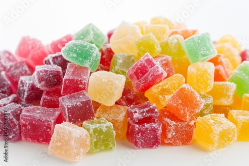 Colorful Freezedried Candy, Bursting With Fruity Flavors, Set Against Pure White. Сoncept Background, Tropical Fruit Medley, Sour Gummy Mix, Exotic Citrus Splash