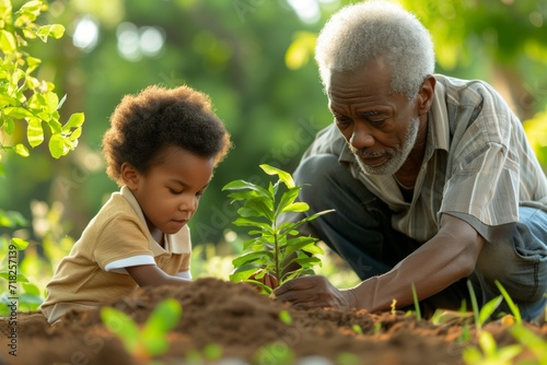 Elderly Man Teaches Young Boy The Beauty Of Planting Tree. Сoncept Gardening As Therapy, Intergenerational Bonding, Sustainable Living, Teaching Empathy