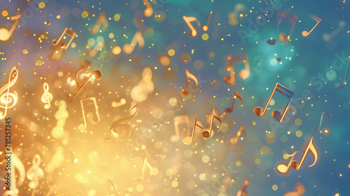 Creative golden blue background with musical notes of AI generated music. photo