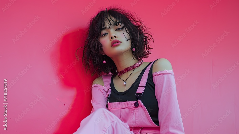 Young woman sitting in playsuit, neo-pop. To be yourself. Young woman sitting in playsuit, neo-pop. To be yourself.