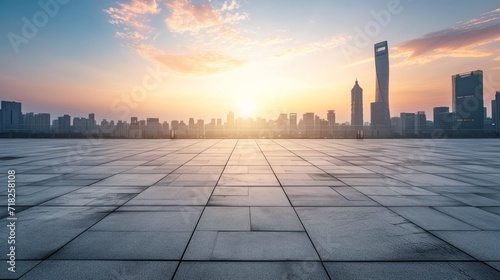 Empty square floor and city skyline with building background