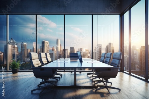 Modern conference room interior with city view and daylight.