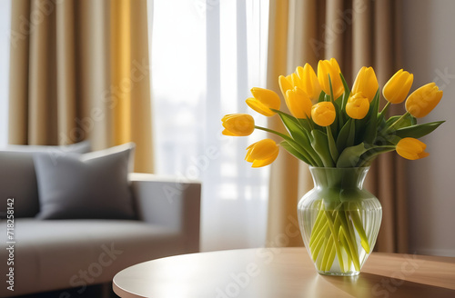 A bouquet of yellow tulips in a transparent glass vase stands on a wooden table in a cozy modern living room.