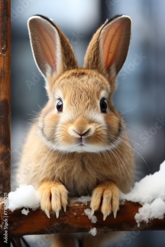 portrait of a cute bunny wearing knitted hat, scarf and mittens, colorful background 