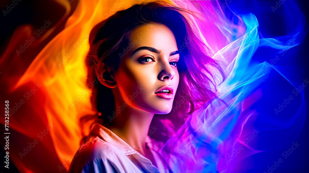 Woman in white shirt with colorful background and bright background.