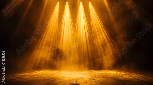 illustration of yellow white spotlights shine on stage floor in dark room, idea for background, backdrop, Generative Ai