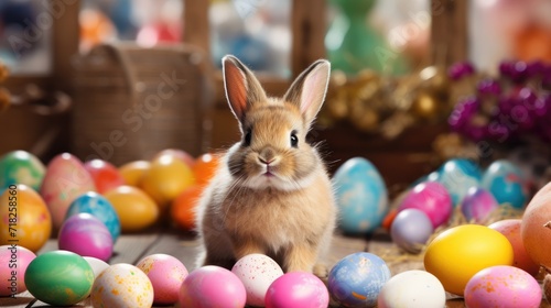 A cute Easter bunny among the colored Easter eggs. One funny, fluffy rabbit and many colorful eggs. Easter holiday. © Cherkasova Alie