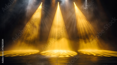 illustration of yellow white spotlights shine on stage floor in dark room, idea for background, backdrop, Generative Ai