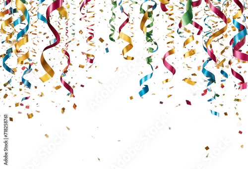 Hanging colorful streamers and falling confetti isolated on transparent background Birthday party celebration or festival