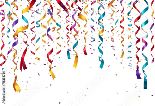 Hanging colorful streamers and falling confetti isolated on transparent background Birthday party or celebration
