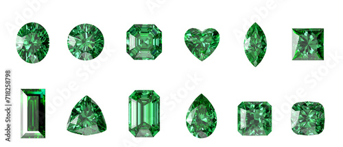 Cuadro en lienzo 3D rendering emerald diamonds multiple type isolated background in top view