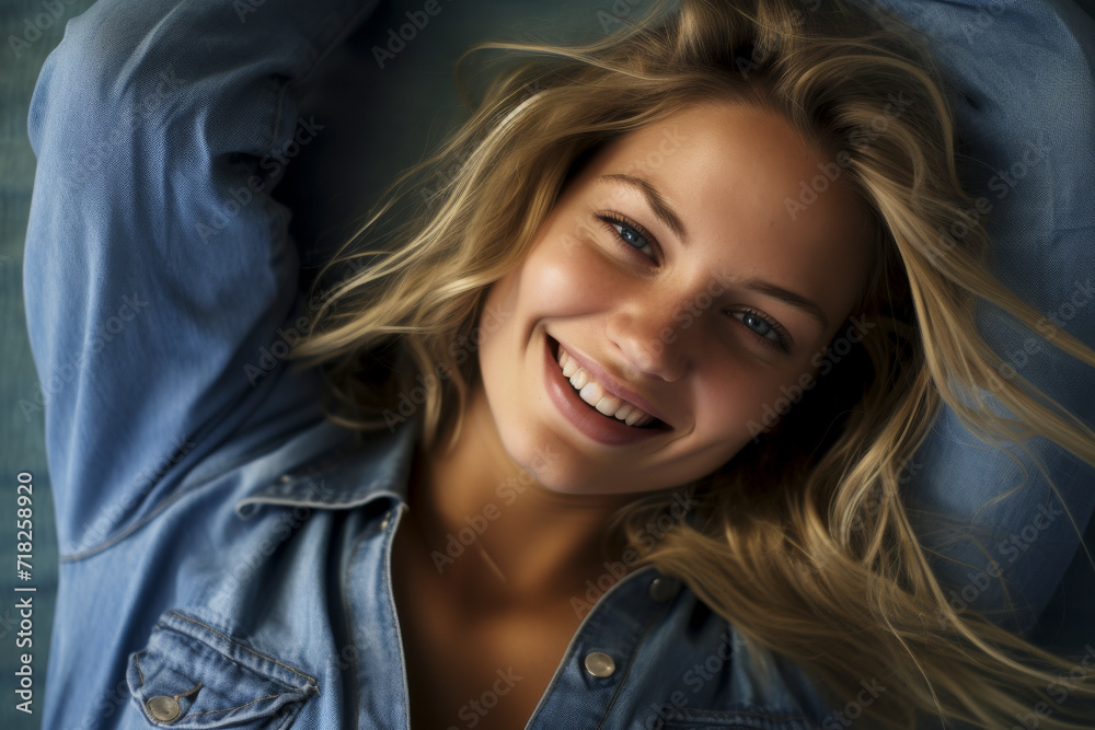 Blue Eyes, Blonde Hair. young women in repose, enveloped in the soft embrace of a denim jacket and the vibrant textures of a cozy setting Blue Eyes, Blonde Hair. young women in repose, enveloped in the soft embrace of a denim jacket and the vibrant textures of a cozy setting