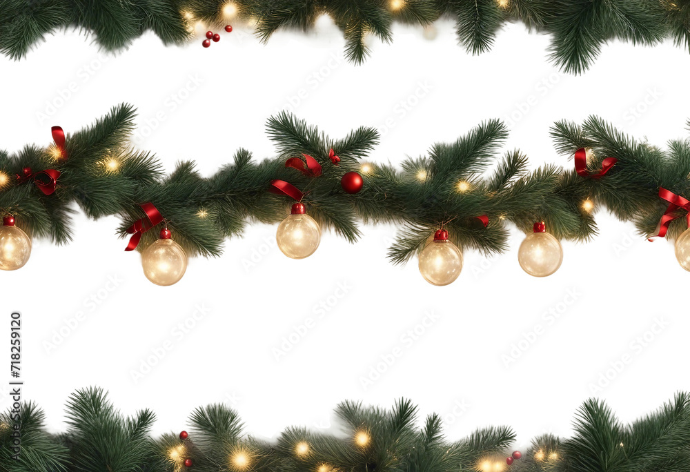 Three seamless decorative Christmas borders with lights garland and coniferous branches isolated on a transparent background