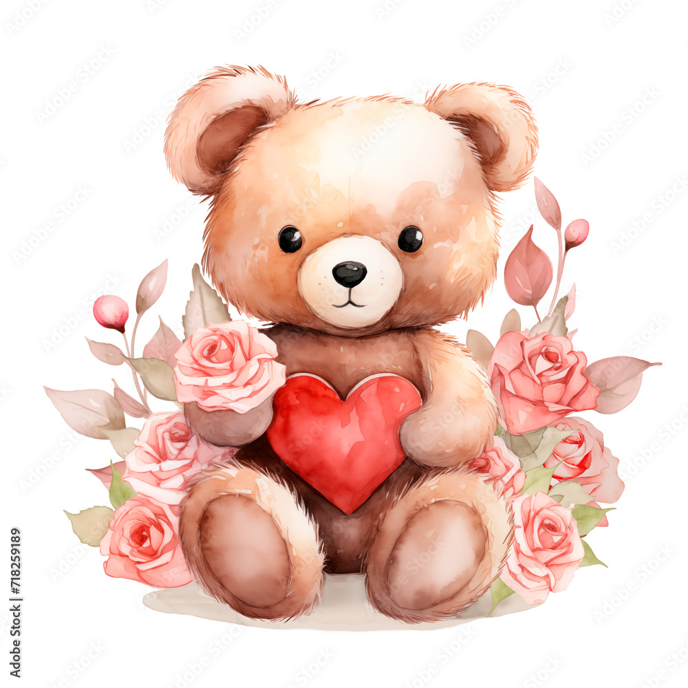 Teddy Bear with Heart and Flowers Watercolor Clipart isolated on ...