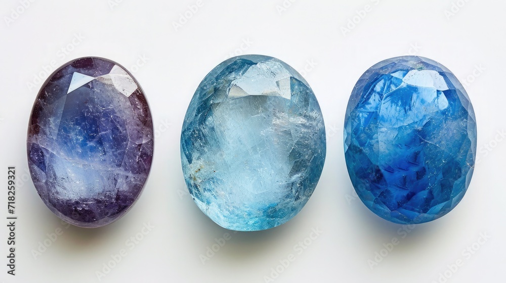 Three identical-sized gemstones, Aquamarine, Blue Topaz, and Lapis Lazuli, neatly placed next to each other, each radiating their serene blue colors, on a white background Three identical-sized gemstones, Aquamarine, Blue Topaz, and Lapis Lazuli, neatly placed next to each other, each radiating their serene blue colors, on a white background