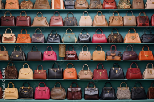 Shopping addiction. A diverse collection of purses and bags, adorn a closet of a private collector