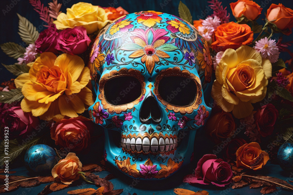 Blue skull mask with flowers